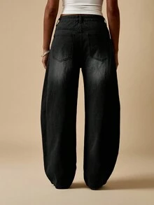 MISSGUIDED 阔腿筒形牛仔裤高腰复古风牛仔裤街头时尚冬秋休闲日常舒适宽松版型 - 黑色 - 查看 2