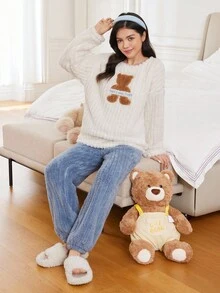 SHEIN 少女蓝白格子保暖睡衣套装，柔软舒适，带刺绣小熊图案，长袖上衣和长裤，居家穿着舒适。 - 藍白色 - 查看 5