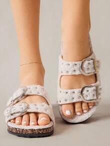 Solecia Fashionable Metal Buckle Mule Slippers With Thick Sole, Suitable For Commuting, Dating, Party, Shopping, Campus, Vacation - White - View 3