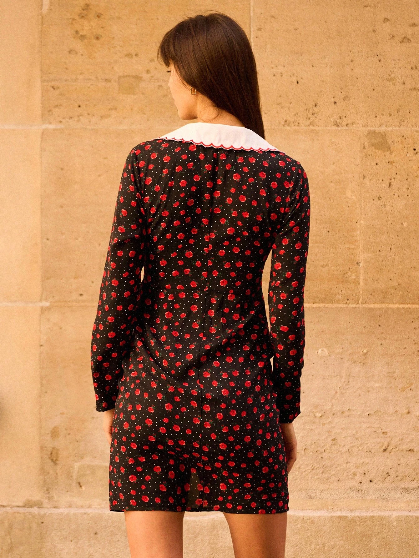 Black Button-Front Mini Dress With Red Floral Print And Contrast Embroidered Peter Pan Collar Spring Summer Spring Women Clothes Spring Summer French Style Dress Going Out Dress Office Dress