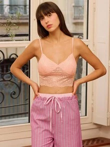 lacRébo 米色蕾丝短款上衣和粉色条纹阔腿睡衣套装，双腰带秋季女装秋冬 - 藕粉色 - 查看 8
