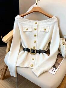 Franclia Sweater Lengan Panjang Model Bahu Terbuka dengan Kantong Palsu, Modis untuk Musim Gugur/Musim Dingin - Aprikot - View 7
