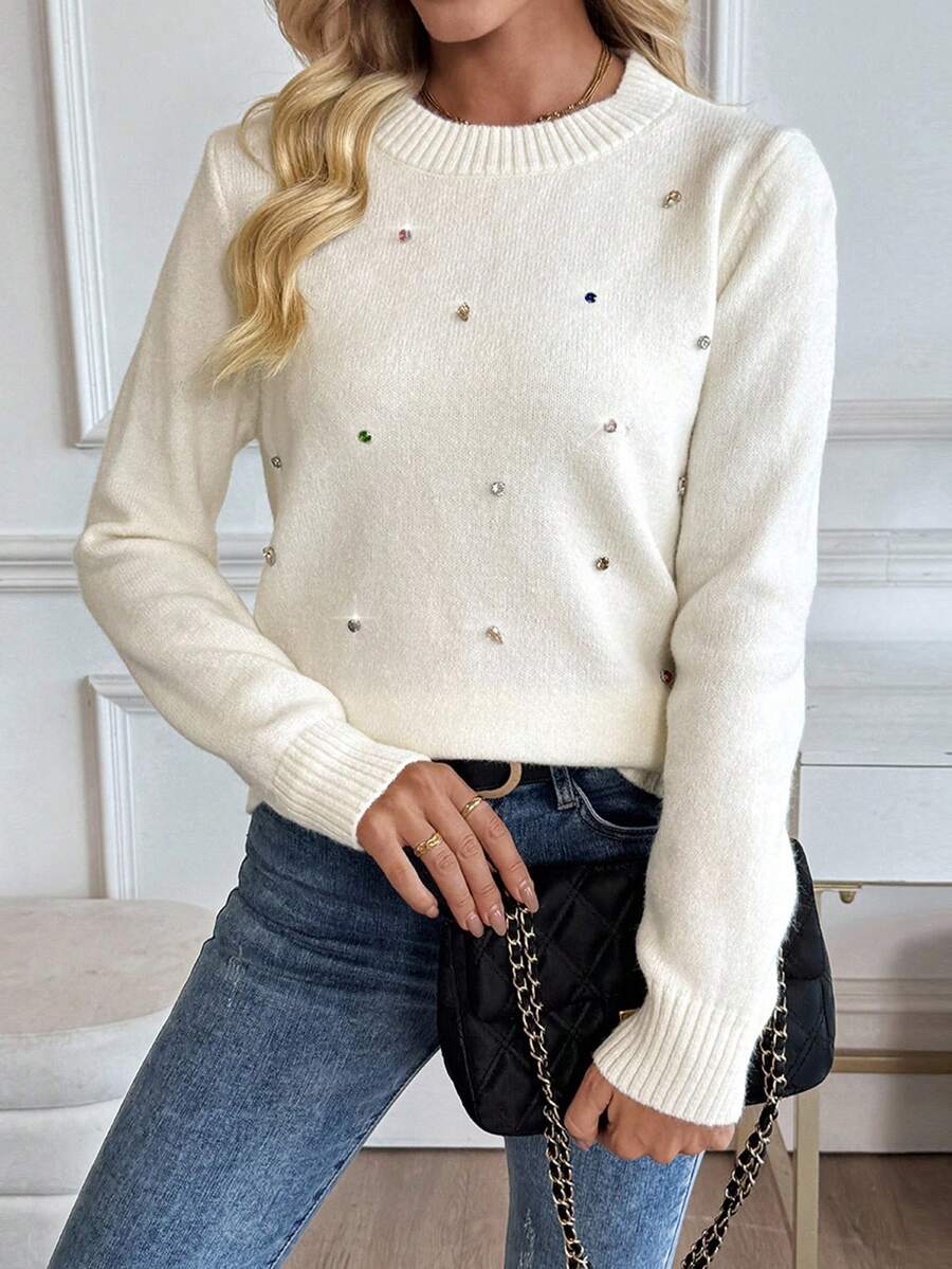 SHEIN LUNE Casual Rhinestone Decor Crew Neck Sweater, Autumn/Winter - Beige - View 1