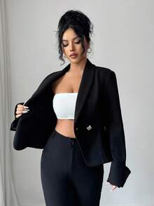 Chiquease Women's Elegant Black Tweed Overcoat,Autumn Office Formal Evening Lapel Long Sleeves Metal Button Waist Folded Sleeves Commuting Professional Attire - Black - View 7