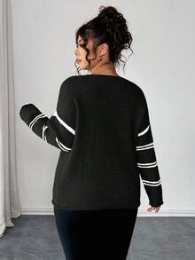 Elenzga Plus Size Women Sweater, Knitted Hollow Out Ribbed Hem Colorblock Striped Long Sleeve Pullover Casual Versatile Sweater - Black and White - View 2