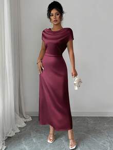 Rafferiza Váy satin tay ngắn cổ lọ buộc dây thanh lịch dành cho nữ khi đi hẹn hò/đi làm - Màu Đỏ Sâu - Xem 5