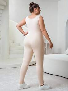 SHEIN CURVE+ Plus Size Women Solid Color Comfortable Elastic Lifting Sleeveless Slim Fit Jumpsuits - Apricot - View 2