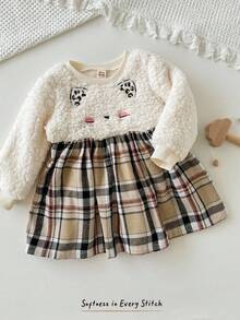 Cozy Pixies 女宝宝卡通猫咪图案圆领长袖收腰蓬松格子拼接连衣裙 - 卡其色 - 查看 3