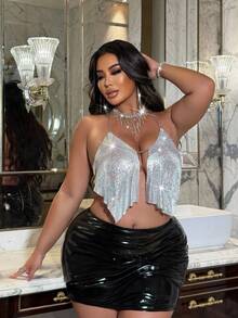 NU&NOW NU&NOW Sexy Metallic Chain & Sequin Sleeveless Plus Size Blouse For Party, Christmas Top,Fancy Party Outfits,New Year Outfit,Silver