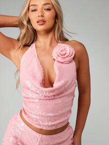MISSGUIDED Sequin Two Piece Festival Party Outfit Cowl Neck Halter Top With Matching High Waist Hot Pants Rose Flower Detail Glitter Club Evening Occasion Wear