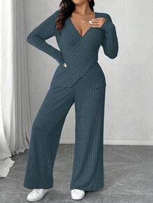 Calvaya Plus Size Soft Knit Ribbed Fabric Criss-Cross Long Sleeve T-Shirt + Soft Ribbed Wide Leg Pants Casual Homewear 2 Pieces Set - Dusty Blue - View 3