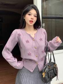 DAZY Áo khoác cardigan dệt kim họa tiết ngôi sao thời trang công sở rộng rãi cho nữ, họa tiết khối màu sọc mảnh, nút kim loại trang trí, phù hợp cho mùa thu đông - Màu tím - Xem 9