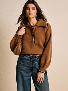 Poéselle 女式休闲宽松 Polo 领落肩长袖毛衣，秋冬 - 咖啡棕 - 查看 1