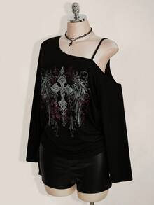 SHEIN ICON Casual Simple Cross Print Plus Size Women's Asymmetrical Shoulder Strap T-Shirt, Vintage Y2K Punk Style Dark Shoulder Top, Casual Outfit For Women, Spring/Autumn/Winter