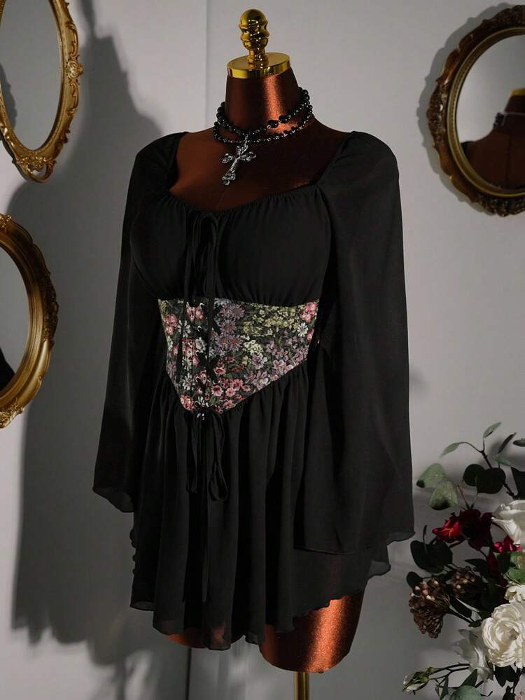 Amplova Đầm xòe tay loe họa tiết hoa jacquard dự tiệc Baroque cỡ lớn cho nữ - Nhiều màu - Xem 5