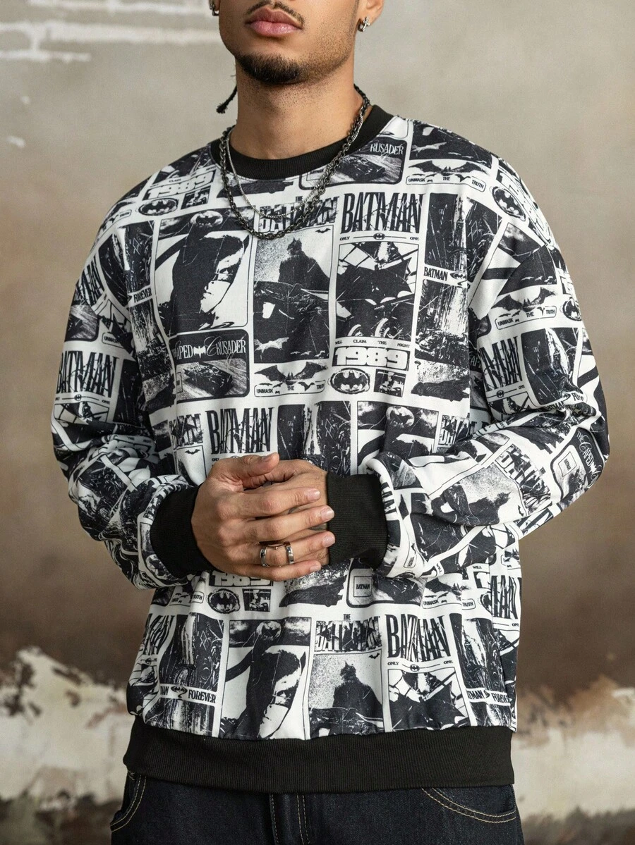 BATMAN X SHEIN 男士休闲时尚街头拼接印花落肩宽松套头卫衣，春秋季长袖上衣 - 黑色 - 查看 1