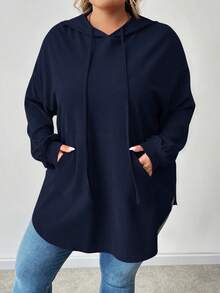 SHEIN CURVE+ 大码纯色连帽抽绳不对称下摆运动衫女士秋冬装 - 藏蓝色 - 查看 8