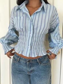 SHEIN EZwear Casual Striped Gathered Waist Shirt, Suitable For Commuting In Autumn - Multicolor - View 3