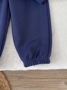 SHEIN 3 件套女婴幼儿新生儿 0-3 岁秋冬时尚百搭服装套装：可拆卸披肩 + 长袖圆领运动衫 + 裤子 - 藏蓝色 - 查看 7