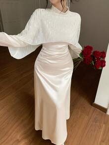 DAZY Women's Elegant Long Dress With Shiny Satin Waist Cinching, 2 In 1 - Beige - View 2