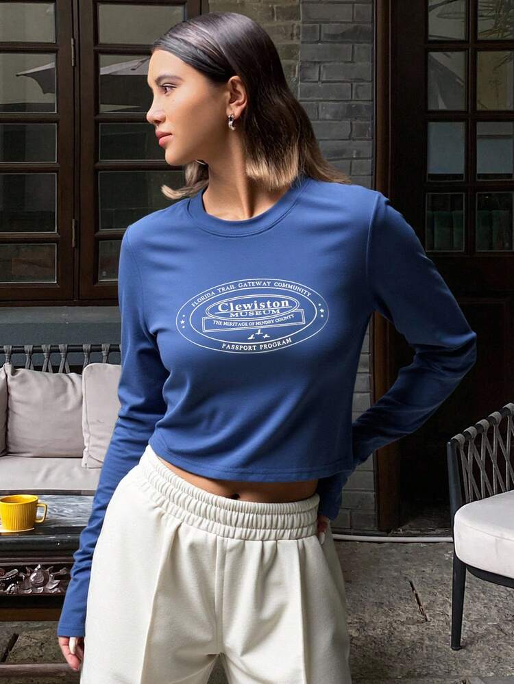 DAZY Camiseta casual de mujer de manga larga con cuello redondo y estampado de letras - Azul Marino - Añade 1