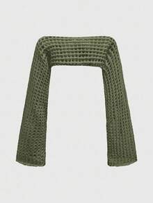 Grunge Punk Women's Autumn Bell Sleeve Faux Crochet Hollow Out Cropped Pullover Sweater - Army Green - View 2