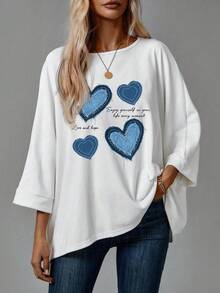 EMERY ROSE Áo thun dáng casual cổ điển, chất liệu denim, in hình trái tim, thích hợp cho người trưởng thành đi làm. - Nhiều màu - Xem 2
