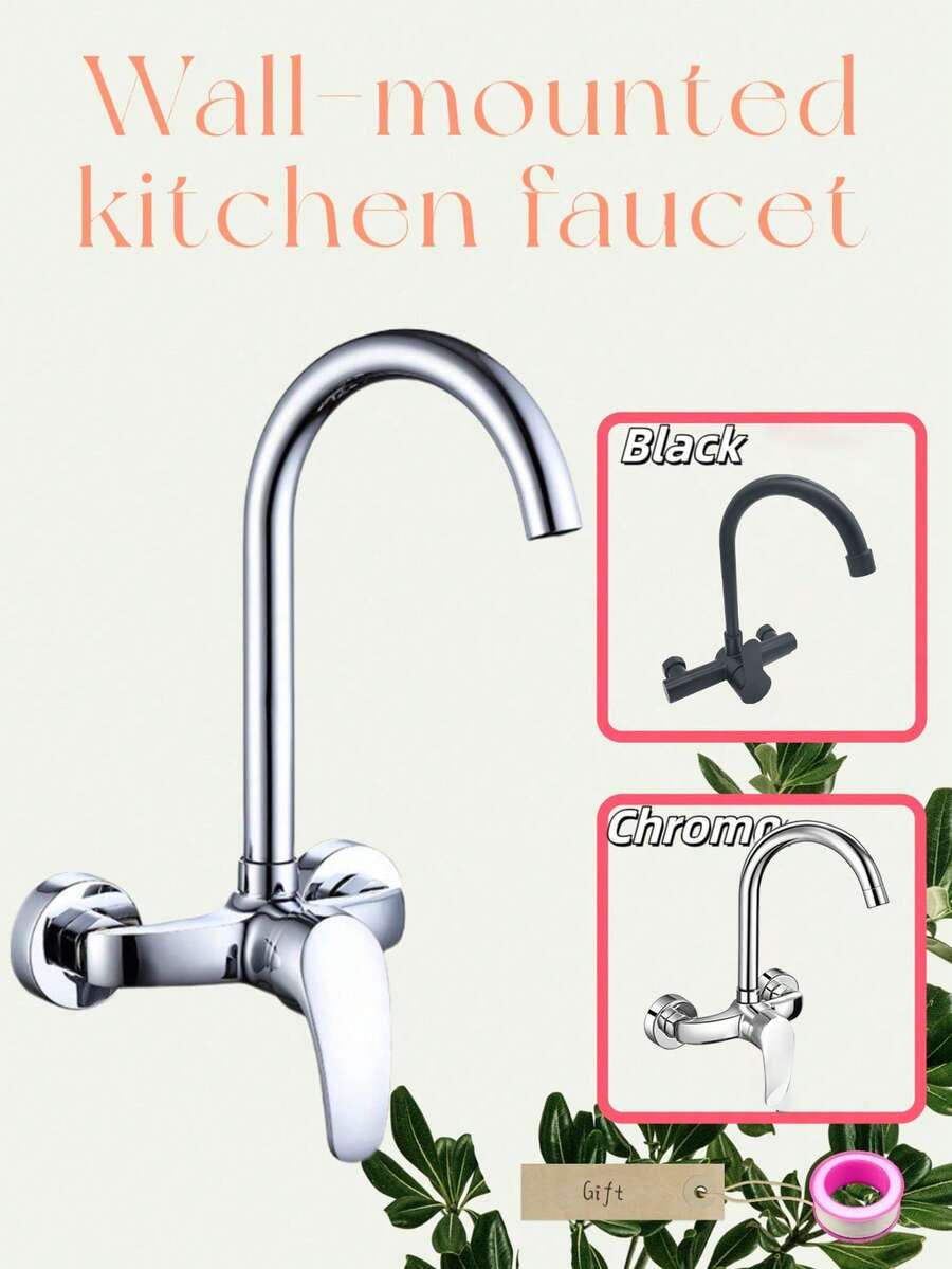 1pc Easy-Install Wall-Mounted Kitchen Faucet - Single Handle, Hot & Cold Water, Rotatable Long Spout For Sink, Bathroom, Laundry Room & Balcony Mop Bucket - (Chrome, Black,Selectable)