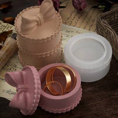 DIY蝴蝶结形蕾丝多层叠加珠宝戒指收纳盒带盖硅胶模具环氧树脂滴模烛台模具石膏粘土模具家居装饰