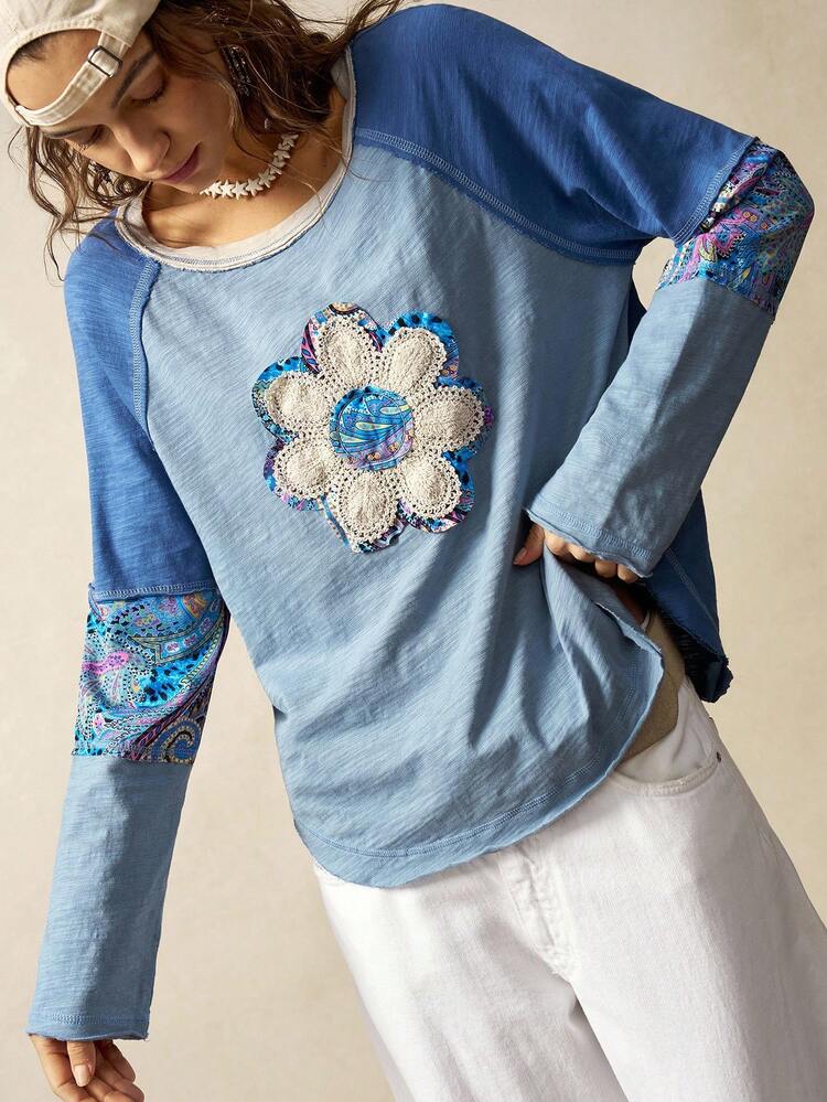 Bohemela Autumn/Winter BOHO Vacation Casual Patchwork Long Sleeve Loose Washed Women Graphic T-Shirt Blue Hippie Blue Floral Top Blue Long Sleeve Top Blue Graphic Shirt - Multicolor - View 6
