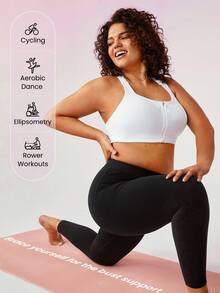 GLOWMODE Plus Medium Support Black Zip Front Buckle Up Racerback Wide Adjustable Strap Sports Bra Yoga Plus Size Sports Bra - White - View 7