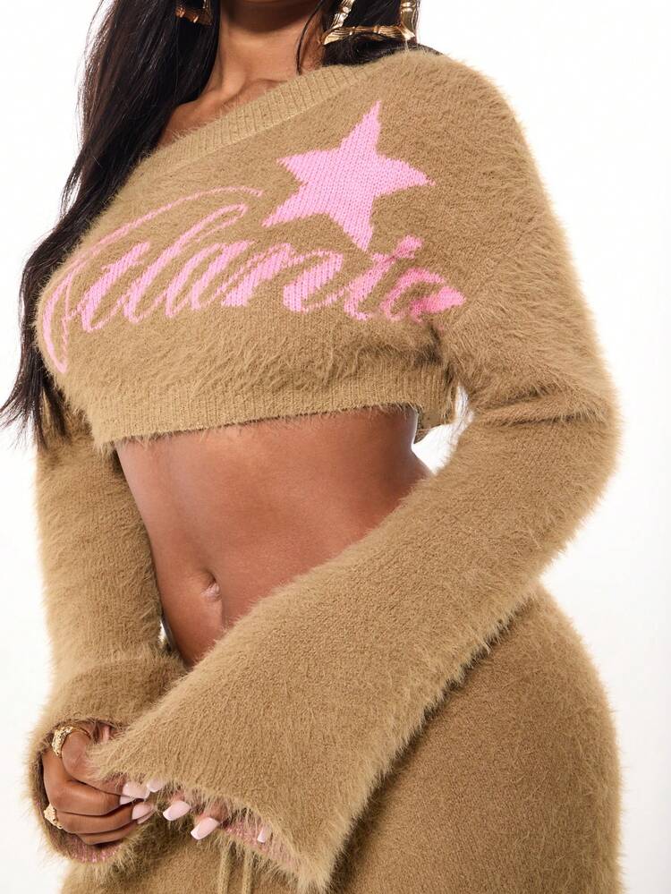 SUMWON WOMEN 별 프린트 디자인의 퍼지 니트 크롭 탑