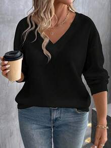 EMERY ROSE Áo thun cổ tròn họa tiết tổ ong cỡ lớn, đơn giản & thời trang, Thu/Đông - màu đen - Xem 1