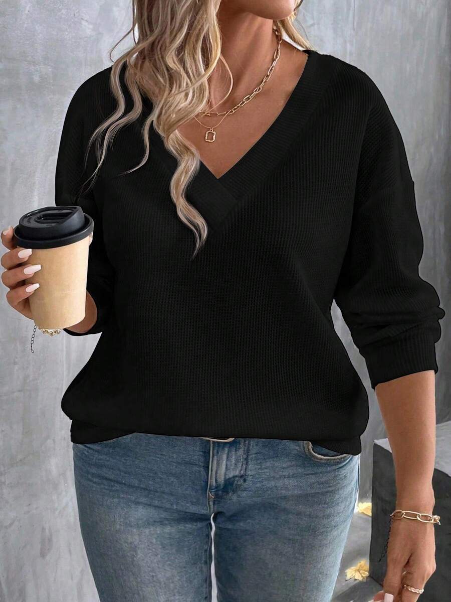 EMERY ROSE Áo thun cổ tròn họa tiết tổ ong cỡ lớn, đơn giản & thời trang, Thu/Đông - màu đen - Xem 1