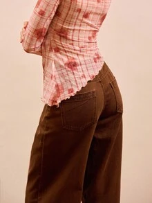 lacRébo Autumn Pink Checked Mesh Fitted Top With Floral Print, Side Ruching, And Asymmetric Hem Spring Women Clothes Spring Summer Office Top Going Out Top - Multicolor - View 3