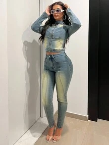 Jeanoix Elastic Fitted Stand Collar Zip-Up Vintage Washed Denim Jacket