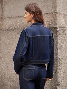 Selenza 女式复古时尚休闲拉链短款牛仔夹克 - 深色水洗藍 - 查看 2