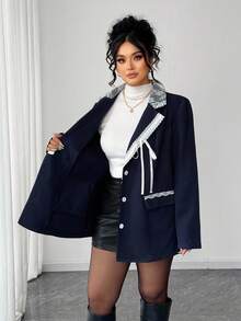 Elenzga Plus Size Women Front Button Long Sleeve Overcoat, Casual For Autumn/Winter - Navy Blue - View 4