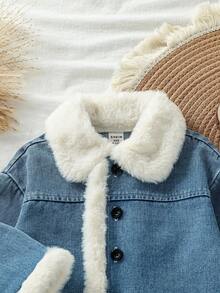 SHEIN Baby Mädchen Mode Jeans Thermofutter Kragen Langarm Jacke, stilvoller Alltags-Look, Outfit für Mädchen, geeignet für 3 Monate bis 3 Jahre alt, Herbst/Winter - marineblau - Übersicht 3