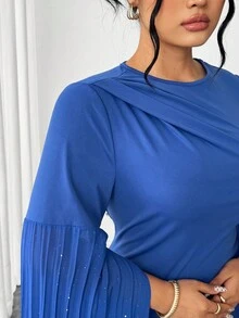 Elenzga Women's Elegant Round Neck Sequin Pleated Dolman Sleeve Dress - Navy Blue - View 7