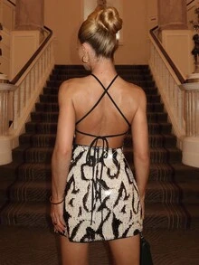 Glamine Women's Sexy Sequin Halter Neck Party Clubwear Dress For Christmas Patterned Dress Mini Dress Sparkly Dress Halter Dress Sequin Dress - Multicolor - View 2