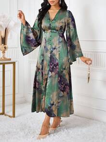 SHEIN Lady 女式优雅度假风格全印花 V 领喇叭袖腰部收紧长裙，春秋 - 彩色 - 查看 6