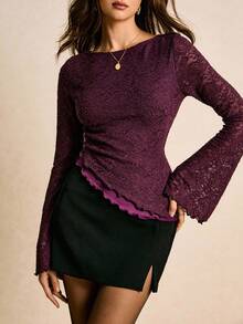Poéselle Floral Lace Fluted-Sleeve Blouse – Asymmetric Lettuce-Hem Slim Fit Top,Women's Elegant Commuter Solid Color Lace Flare Sleeve T-Shirt,Lace Top Women, Burgundy Lace Blouse, Bell Sleeve Top, Lettuce Hem Shirt, Romantic Date Night Outfit, Fairycore Fashion, Quiet Luxury Top, Fall Evening Blouse, Going Out Top, Elegant Long Sleeve Shirt Purple Tops For Women Purple Lace Top Lace Long Sleeve Top