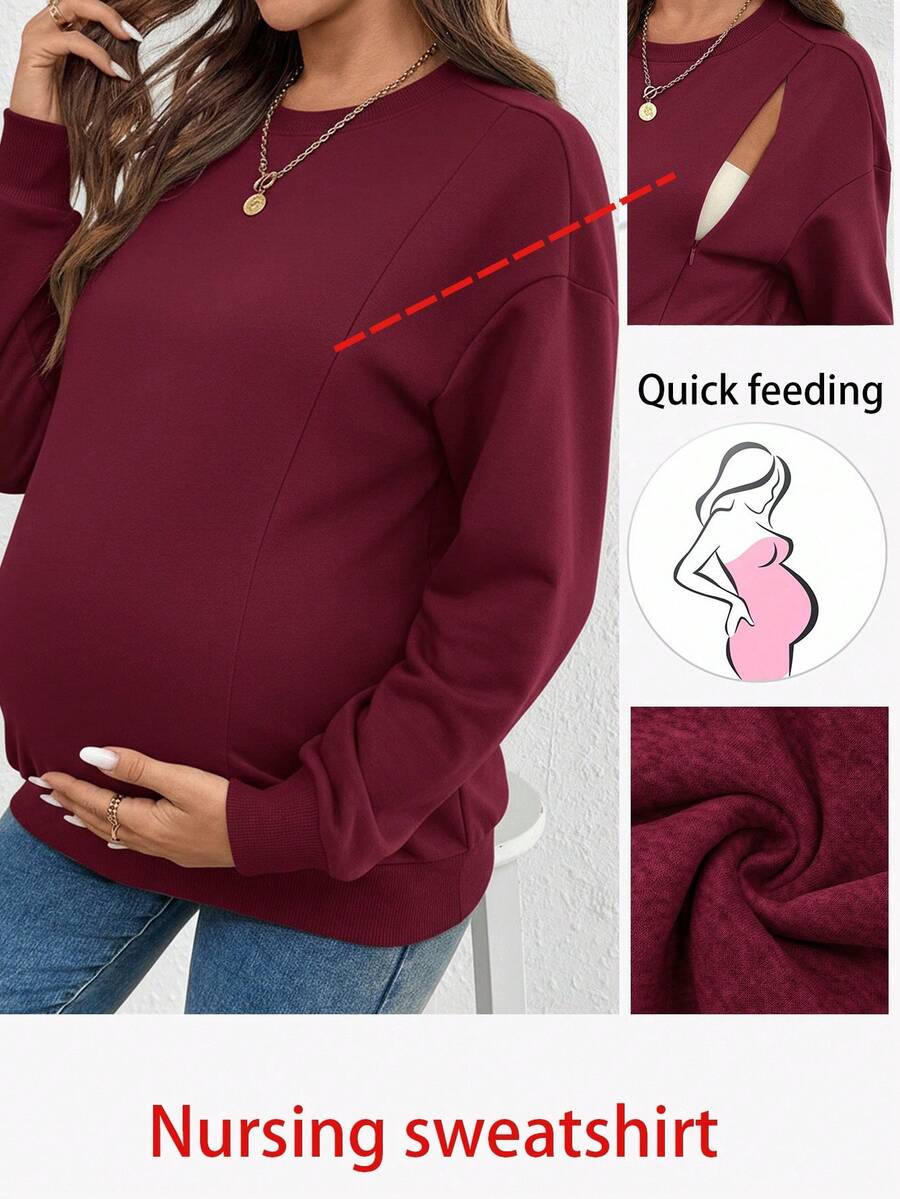 SHEIN 宽松休闲孕妇和哺乳上衣 - 酒紅色 - 查看 1