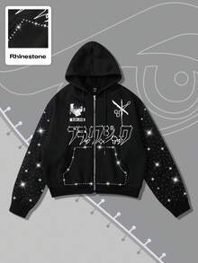 ROMWE MEN Black Jack X ROMWE Men's Black Rhinestone Embellished Zip Up Hooded Sweatshirt, Suitable For Everyday Wear, Autumn/Winter - Black - View 1