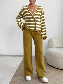 EURMUSE Women Stripe Pattern Front Button V-Neck Drop Shoulder Cardigan & Sweater Pants Set - Mustard Yellow - View 7