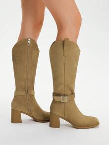 Styleloop Bottes hautes à la mode pour femmes, design à bout carré et talon épais, couleur chocolat unicolore, fermeture éclair latérale avec décoration de multi-sangles, polyvalentes pour jupes, jeans, manteaux, convient pour l'automne/l'hiver, Halloween, fête de Noël, bottes longues pour femmes