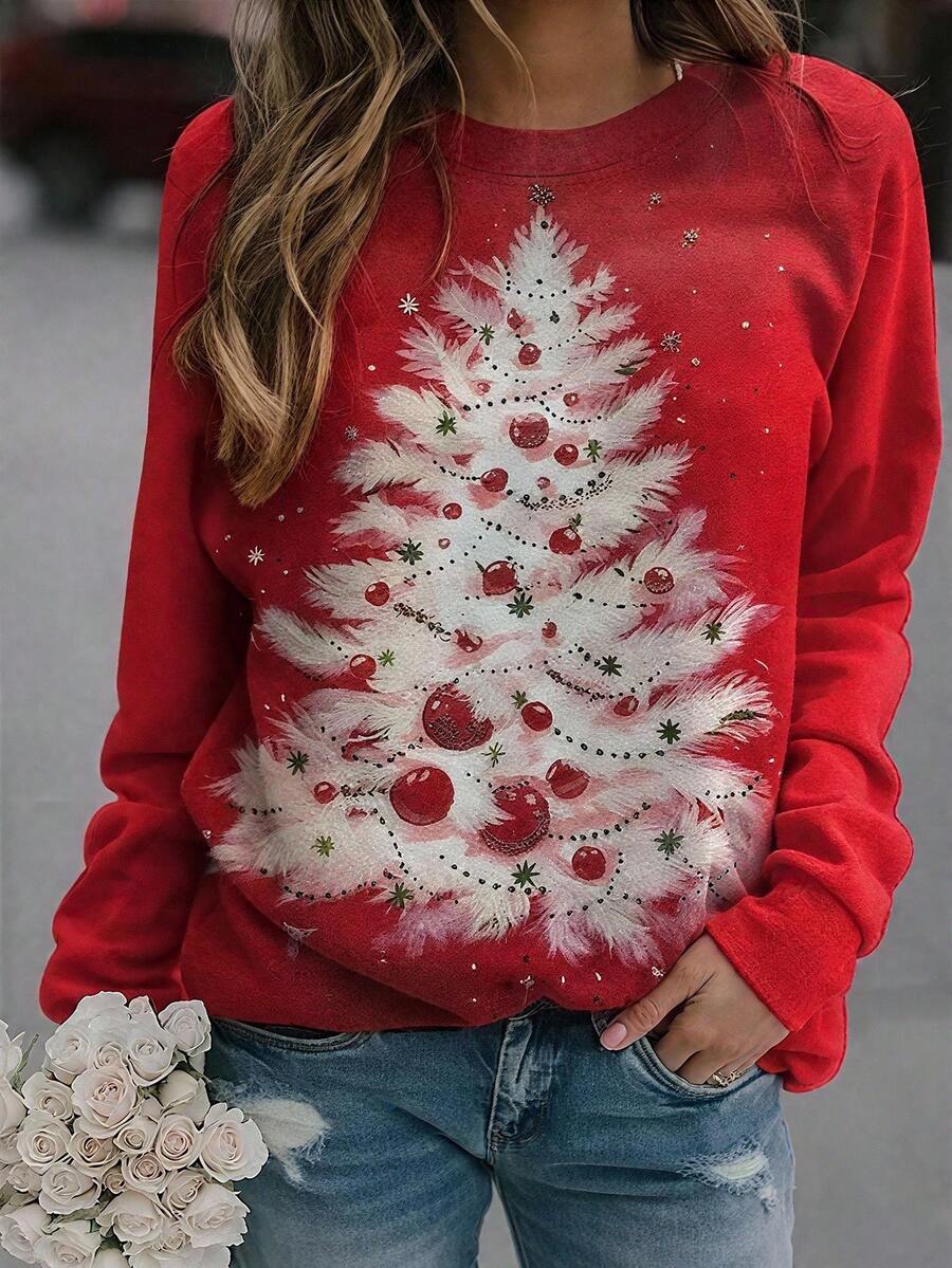 EMERY ROSE 圣诞树印花圆领卫衣、圣诞卫衣、雪花卫衣、全身印花圣诞卫衣、秋冬 - 彩色 - 查看 1