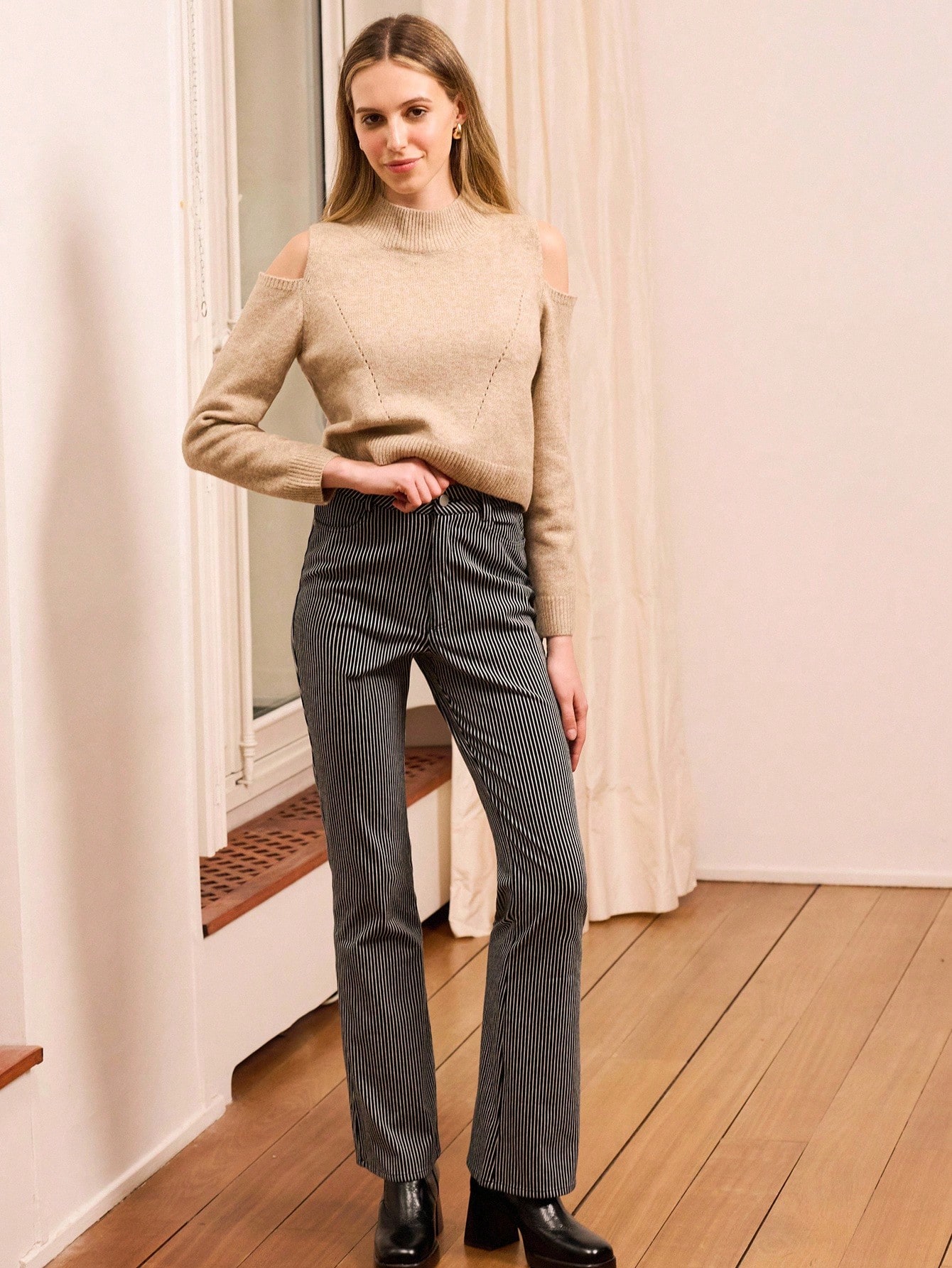 Dzianinowy sweter z odkrytym ramieniem i golfem, jesienny sweter na co dzień, do biura, na jesień i zimę