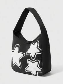 ROMWE Grunge Punk 1pc Nylon Fashion Personality Color Contrast Shoulder Bag Pentagram Commuter Tote Bag Suitable For Everyday Use - Black - View 2